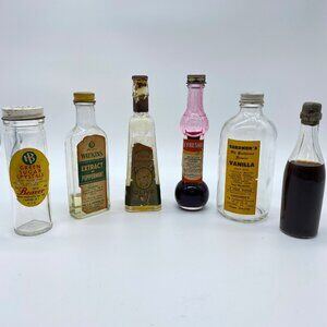 Vtg Lot of 6 Glass Bottles Extract Watkins Beaver Gardeners Olive Oil Display